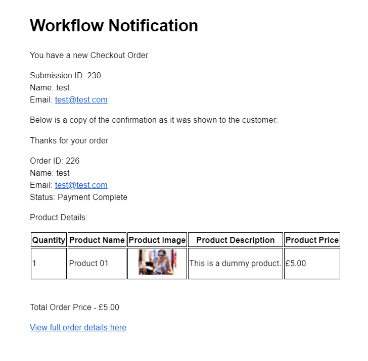 Order Workflow Notification Email